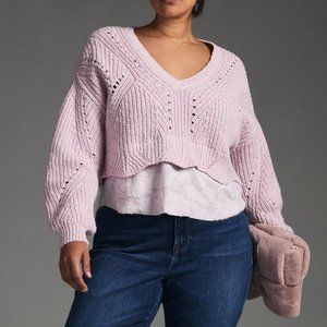 NEW Anthropologie Women Twofer Layered Knit Crop Sweater Floral Shirt Lavender